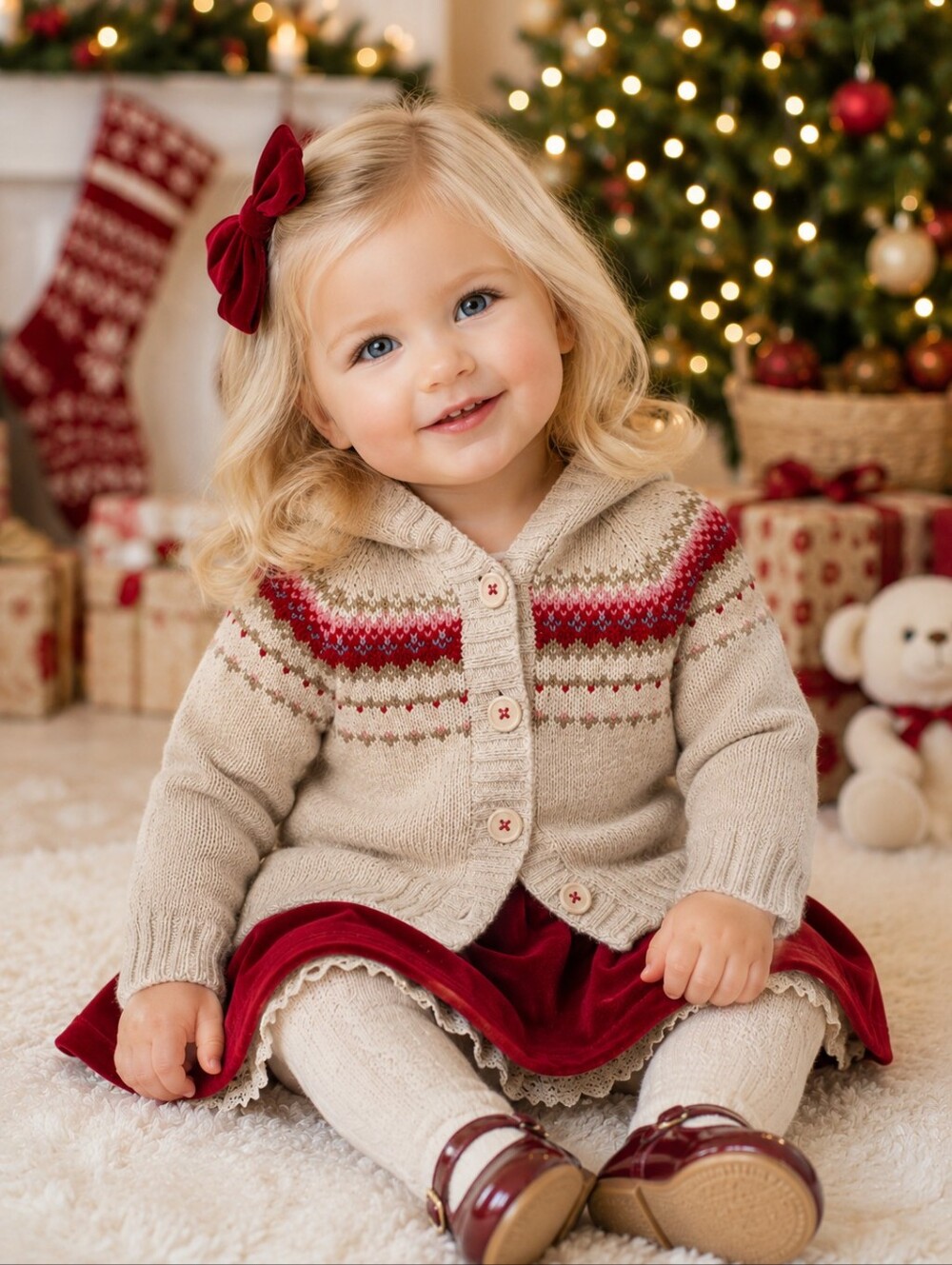 OSHKOSH Hooded Fair Isle Sweater Cardigan Baby 6 Mos Cream Red Wool Blend Y2K